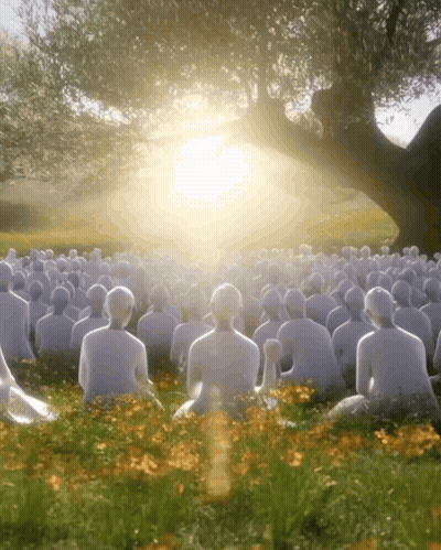 A Large Group Of People Sitting Under A Tree GIF