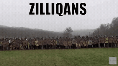 A Large Group Of People Standing In A Field With Shields And Swords And The Words Zilliqans Above Them GIF