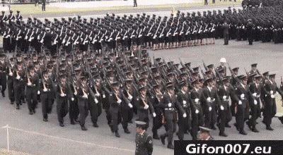 A Large Group Of Soldiers Marching In A Parade With Guns In Their Hands . GIF