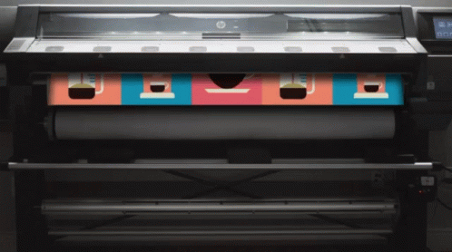 A Large Hp Printer Is Printing A Banner With A Picture Of A Hamburger On It GIF