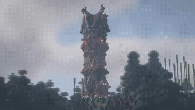 A Large Minecraft Tower Is Surrounded By Trees And A Cloudy Sky GIF