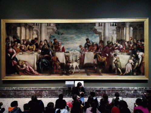 A Large Painting Of People Sitting Around A Table GIF