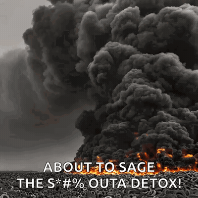 A Large Pile Of Burning Tires With The Words About To Sage The S*#% Outa Detox GIF