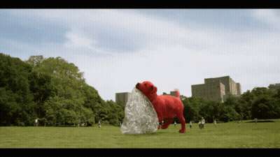 A Large Red Dog Is Holding A Plastic Bag In Its Mouth In A Park GIF
