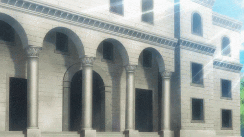 A Large White Building With Arches And Columns On The Side GIF