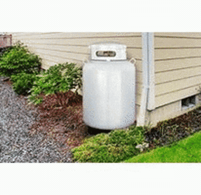 A Large White Propane Tank Is Sitting On The Side Of A House . GIF