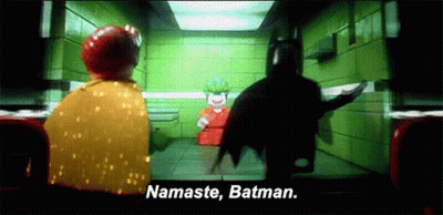 A Lego Batman And Robin Scene With The Words Namaste Batman On The Bottom GIF