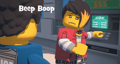 A Lego Character Talking To Another Lego Character With The Words Beep Boop On The Top GIF