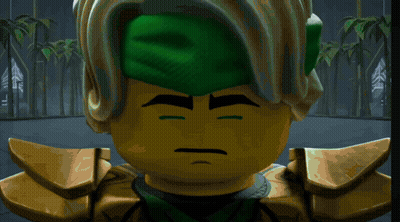 A Lego Character With Green Eyes And A Green Hat With The Word Ninja On It GIF