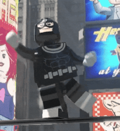 A Lego Figure Is Standing In Front Of A Billboard That Says ' At Y ' GIF