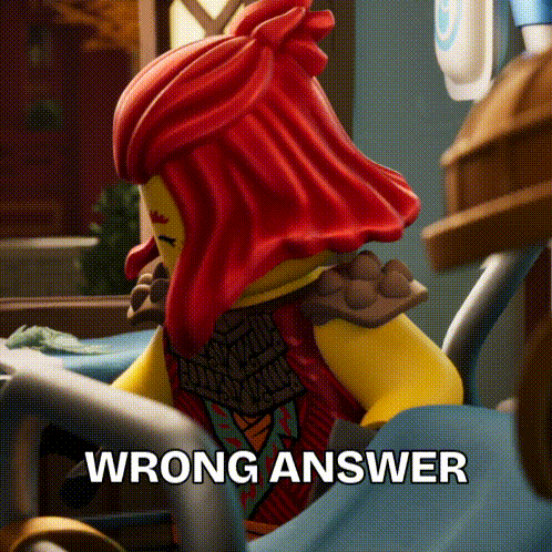 A Lego Figure With Red Hair Is Sitting On A Bed With The Words Wrong Answer Written Below It GIF