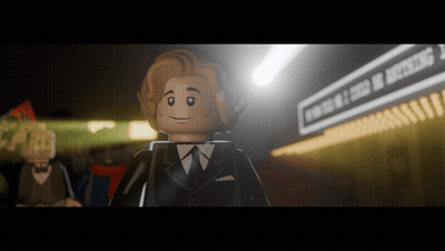 A Lego Man In A Suit And Tie Stands In Front Of A Sign That Says Evening Of Excellence GIF