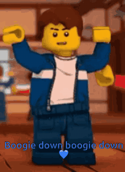 A Lego Man Is Dancing With The Words Boogie Down Boogie Down Written Below Him GIF