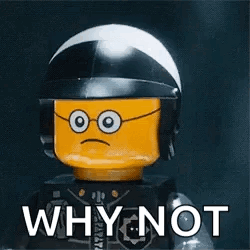 A Lego Man Wearing A Helmet And Glasses Is Holding A Cigarette And Says `` Why Not '' . GIF