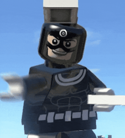 A Lego Man With A Mask On His Face Is Holding A White Box GIF