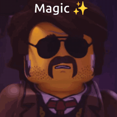A Lego Man With Sunglasses And A Mustache Has The Word Magic Above His Head GIF