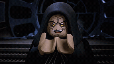 A Lego Star Wars Character Is Smiling With His Hands Folded In Front Of His Face GIF