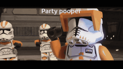 A Lego Storm Trooper Says Party Pooper In Front Of Two Other Storm Trooper Figures GIF
