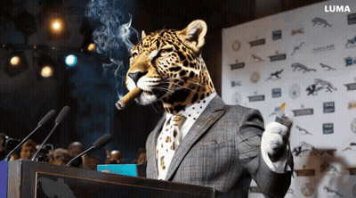 A Leopard In A Suit Smoking A Cigar And Giving A Speech GIF