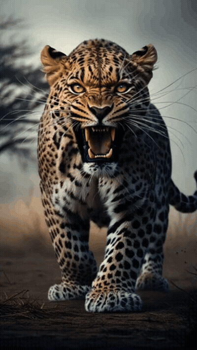 A Leopard With Its Mouth Open And Teeth Visible GIF