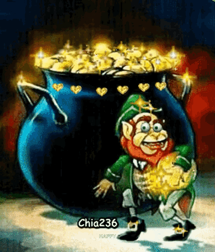 A Leprechaun Is Standing Next To A Pot Of Gold GIF