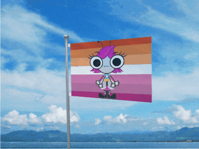 A Lesbian Flag With A Cartoon Character On It Is Flying In The Wind GIF
