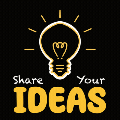 A Light Bulb With The Words " Share Your Ideas " Below It GIF