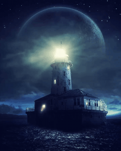 A Lighthouse In The Middle Of The Ocean With A Full Moon Behind It GIF