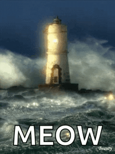 A Lighthouse In The Middle Of The Ocean With The Word Meow Written On It GIF