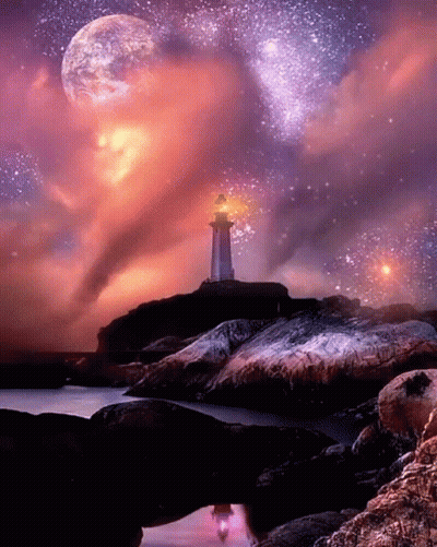 A Lighthouse On A Rocky Island At Night With A Full Moon In The Sky GIF