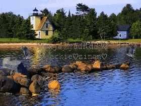A Lighthouse Sits On The Shore Of A Body Of Water Surrounded By Trees GIF