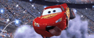 A Lightning Mcqueen From The Movie Cars Is Flying Through The Air GIF