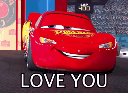 A Lightning Mcqueen From The Movie Cars Is Smiling And Says " Love You " GIF