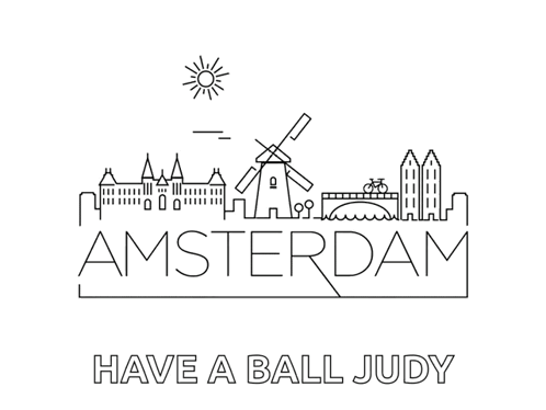 A Line Drawing Of The Skyline Of Amsterdam With The Words Have A Ball Judy Below It GIF