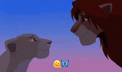 A Lion And A Lioness Are Looking At Each Other With A Butterfly And A Smiley Face In The Foreground GIF