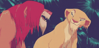 A Lion And A Lioness From The Movie The Lion King Are Standing Next To Each Other In The Rain . GIF