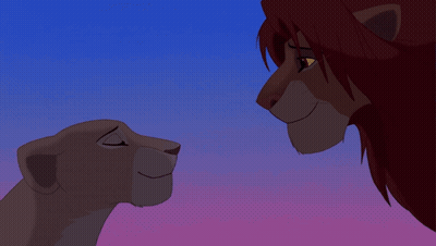 A Lion And A Lioness Looking At Each Other With A Blue Sky In The Background GIF