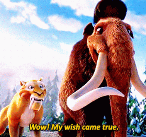 A Lion And A Mammoth Are Standing Next To Each Other With The Words Wow ! My Wish Came True Below Them GIF