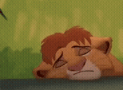 A Lion From The Lion King Is Laying Down With His Eyes Closed And A Bird Flying In The Background . GIF