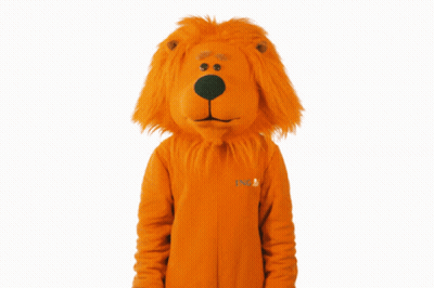 A Lion Mascot Is Wearing An Orange Shirt That Says Iowa On It GIF