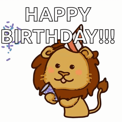 A Lion Wearing A Party Hat Is Holding A Confetti Cannon And Says Happy Birthday GIF