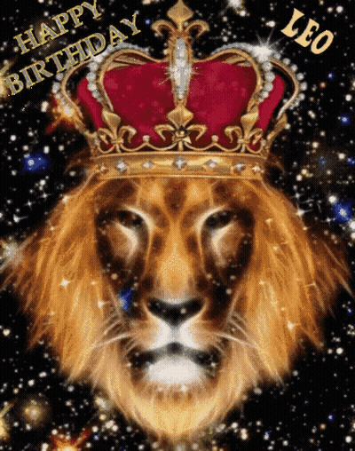 A Lion Wearing A Red And Gold Crown With The Words Happy Birthday Leo GIF