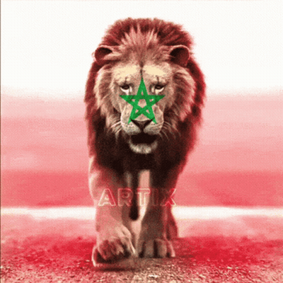 A Lion With A Green Star Painted On Its Face Is Walking In Front Of A Red Background That Says Artix GIF