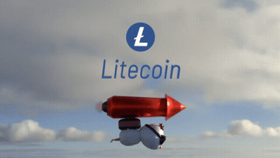 A Litecoin Logo With A Red Rocket Flying Through The Air GIF