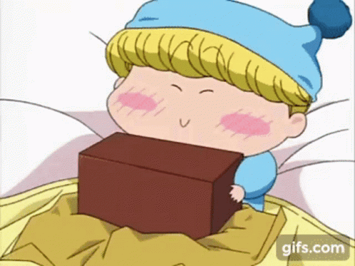 A Little Boy In A Blue Hat Is Holding A Box In His Hand GIF