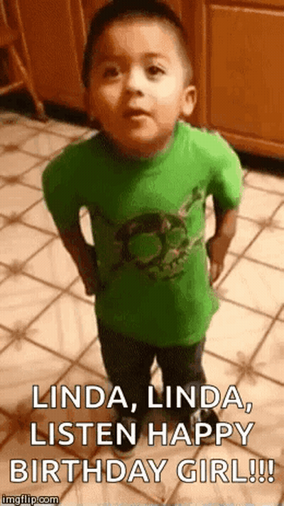 A Little Boy In A Green Shirt Is Standing On A Tiled Floor And Saying `` Linda , Linda Listen Happy Birthday Girl ! '' GIF