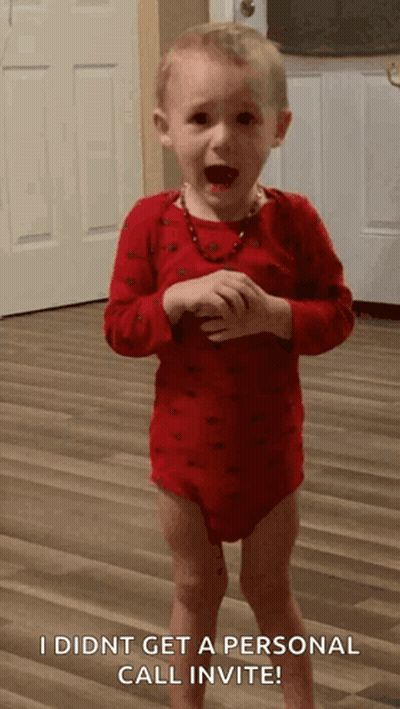 A Little Boy In A Red Onesie Says I Did Nt Get A Personal Call Invite GIF