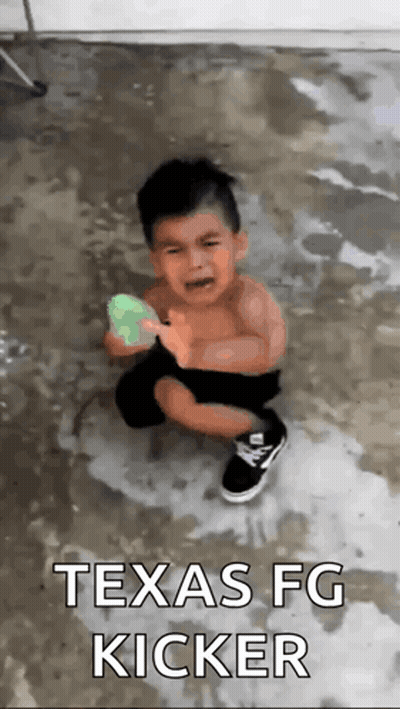 A Little Boy Is Crying While Playing With A Sponge And The Words Texas Fg Kicker Are Above Him GIF