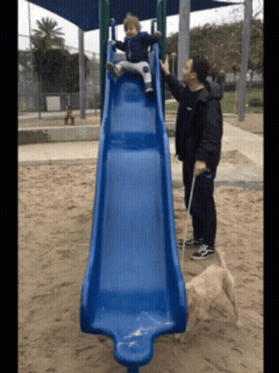 A Little Boy Is Going Down A Blue Slide While A Man Looks On GIF