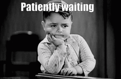 A Little Boy Is Sitting At A Desk With His Hand On His Chin And The Words Patiently Waiting Written Above Him . GIF